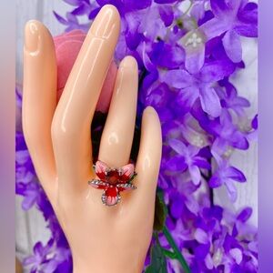 🌹 Silver Pink & Ruby Red Rhinestone Floral Ring 6 🌹 Including Velvet👑 Gift Box 🎀